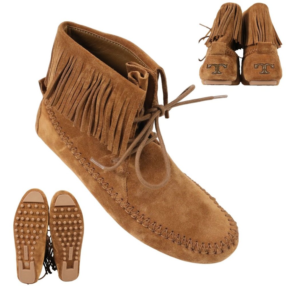Tory Burch Sonoma Bootie Fringe Suede Brown Women's 5.5 Ankle Moccasins Boots - Picture 8 of 16
